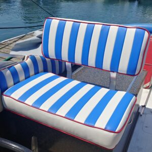 blue & White striped with red piping upholstery by Chicago Marine Canvas